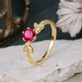 6 Prong Round Cut Ruby Brilliant Sparkle Leaf Engagement Ring Nature Inspired Ring for women